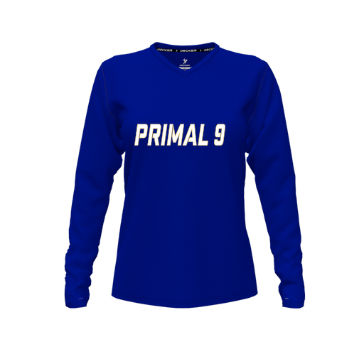 [CUS-DFW-TEES-PER-VNK-LSL-RYL-FYXS-LOGO3] Decker Performance T-Shirt (Female Youth XS, Royal, V Neck, Logo 3, Long Sleeve)